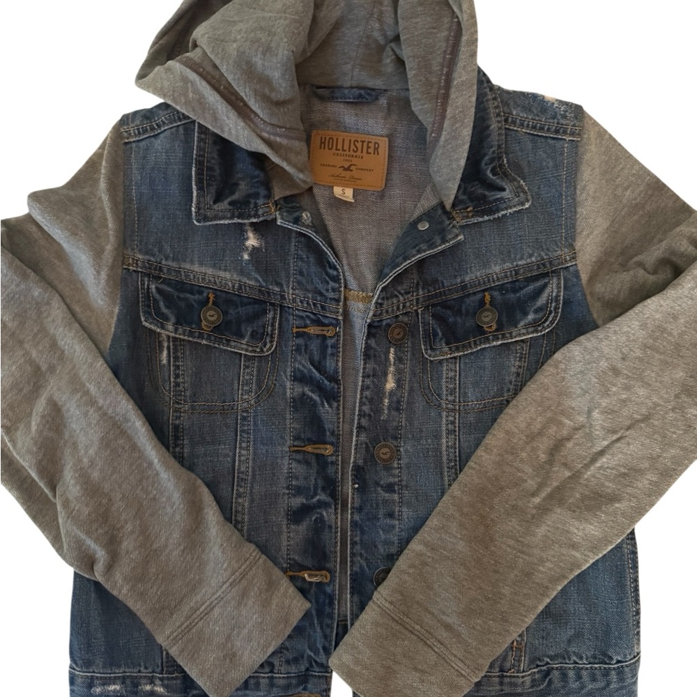 Hollister Blue Denim Jacket with Gray Hood